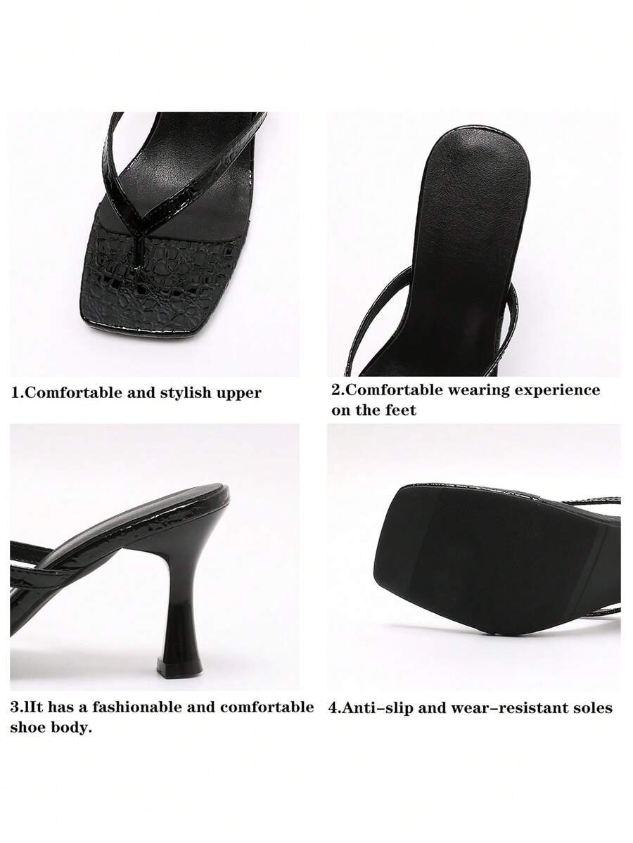 Women's open square toe high heel thong sandals with a sleek slip-on strap and stiletto heel.