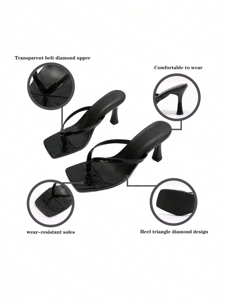 Women's open square toe high heel thong sandals with a sleek slip-on strap and stiletto heel.