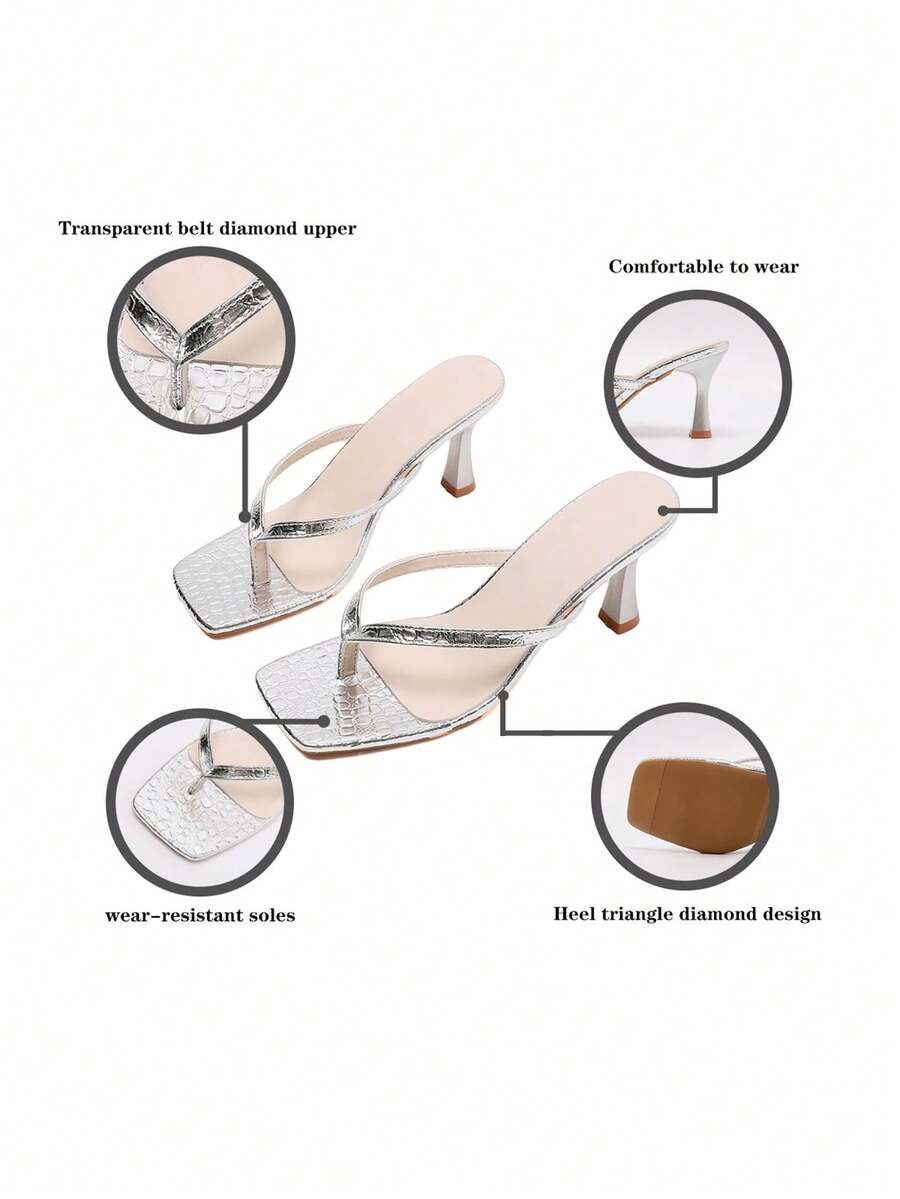 Women's open square toe high heel thong sandals with a sleek slip-on strap and stiletto heel.