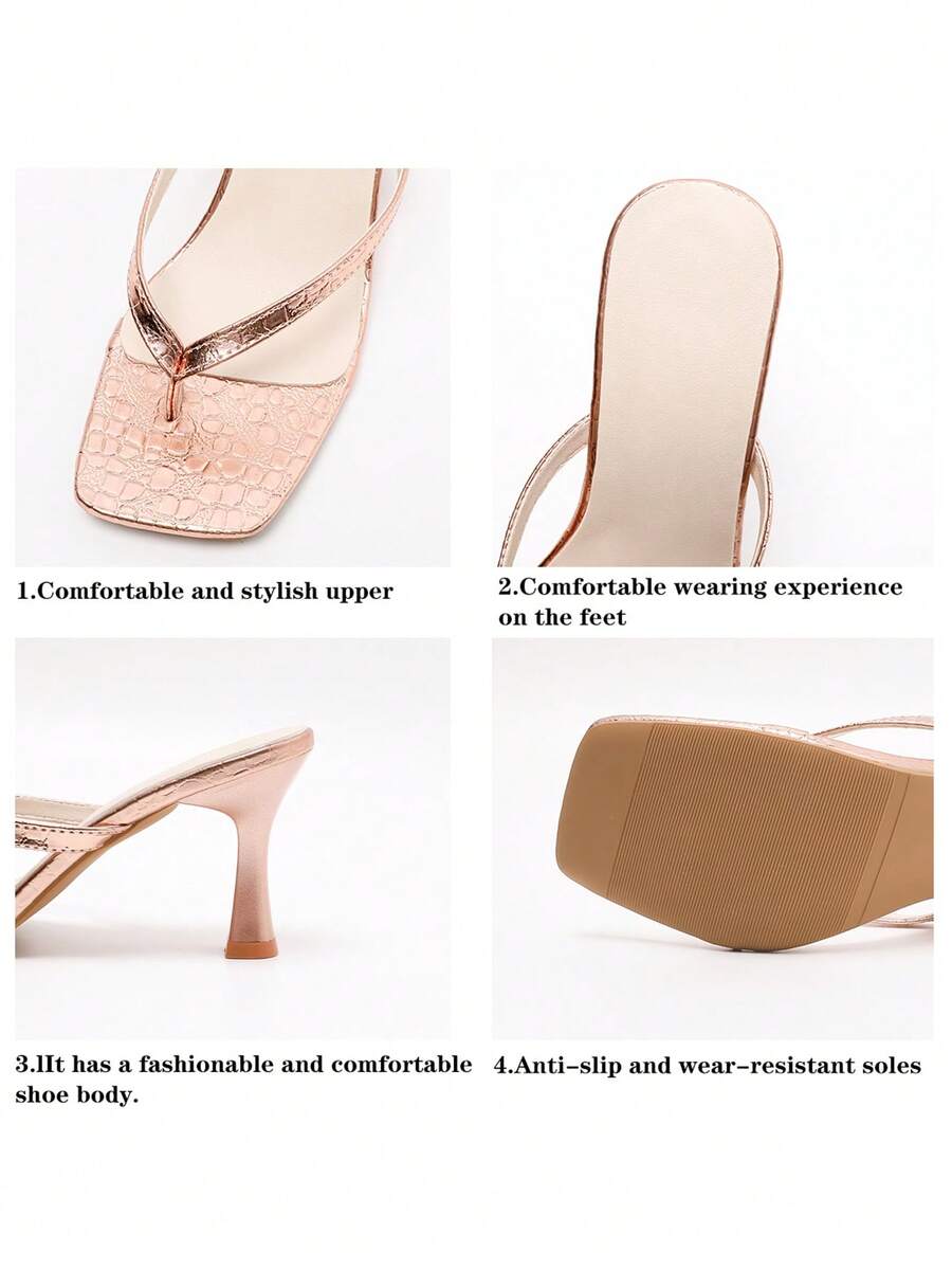 Women's open square toe high heel thong sandals with a sleek slip-on strap and stiletto heel.