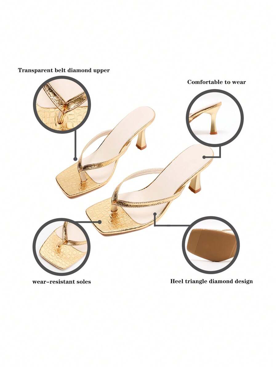 Women's high heel thong sandals featuring sparkling rhinestone buckle accents, slender stiletto thin heel, toe post, and cross straps.
