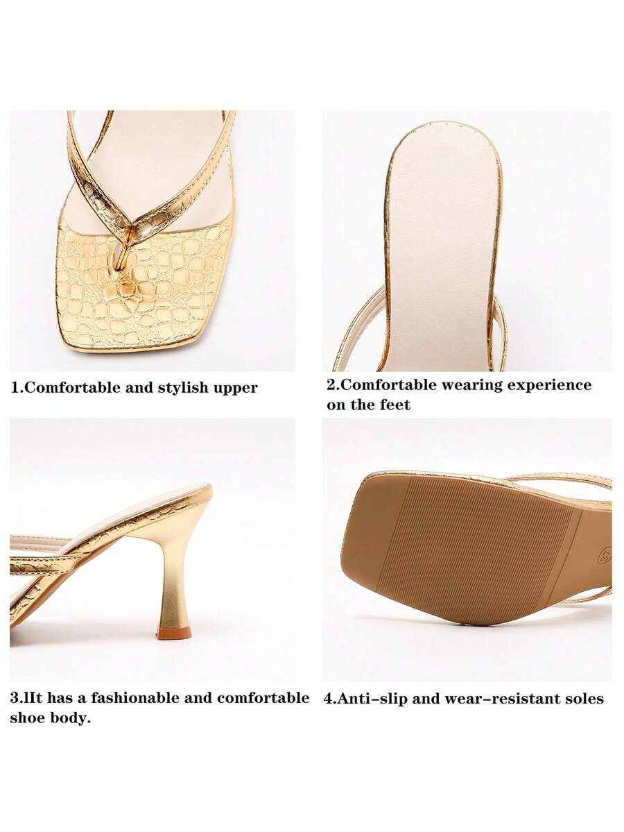 Women's high heel thong sandals featuring sparkling rhinestone buckle accents, slender stiletto thin heel, toe post, and cross straps.