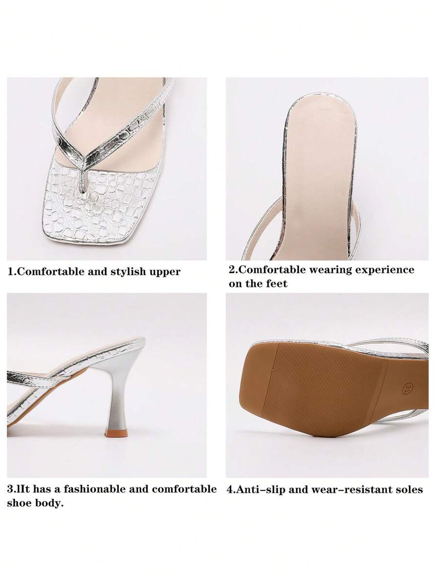 Women's high heel thong sandals featuring sparkling rhinestone buckle accents, slender stiletto thin heel, toe post, and cross straps.
