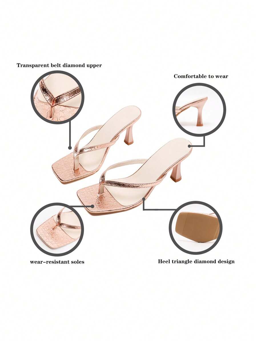 Women's high heel thong sandals featuring sparkling rhinestone buckle accents, slender stiletto thin heel, toe post, and cross straps.
