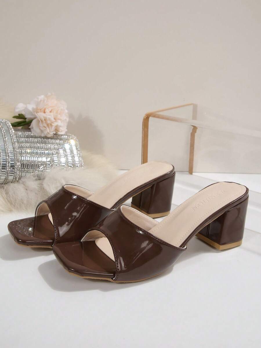 Women's open square toe slip-on high heel sandals with stiletto mid heel