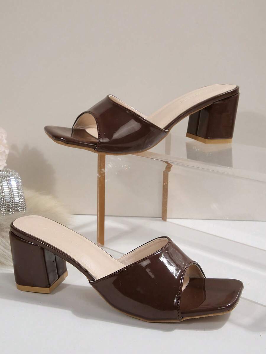Women's open square toe slip-on high heel sandals with stiletto mid heel