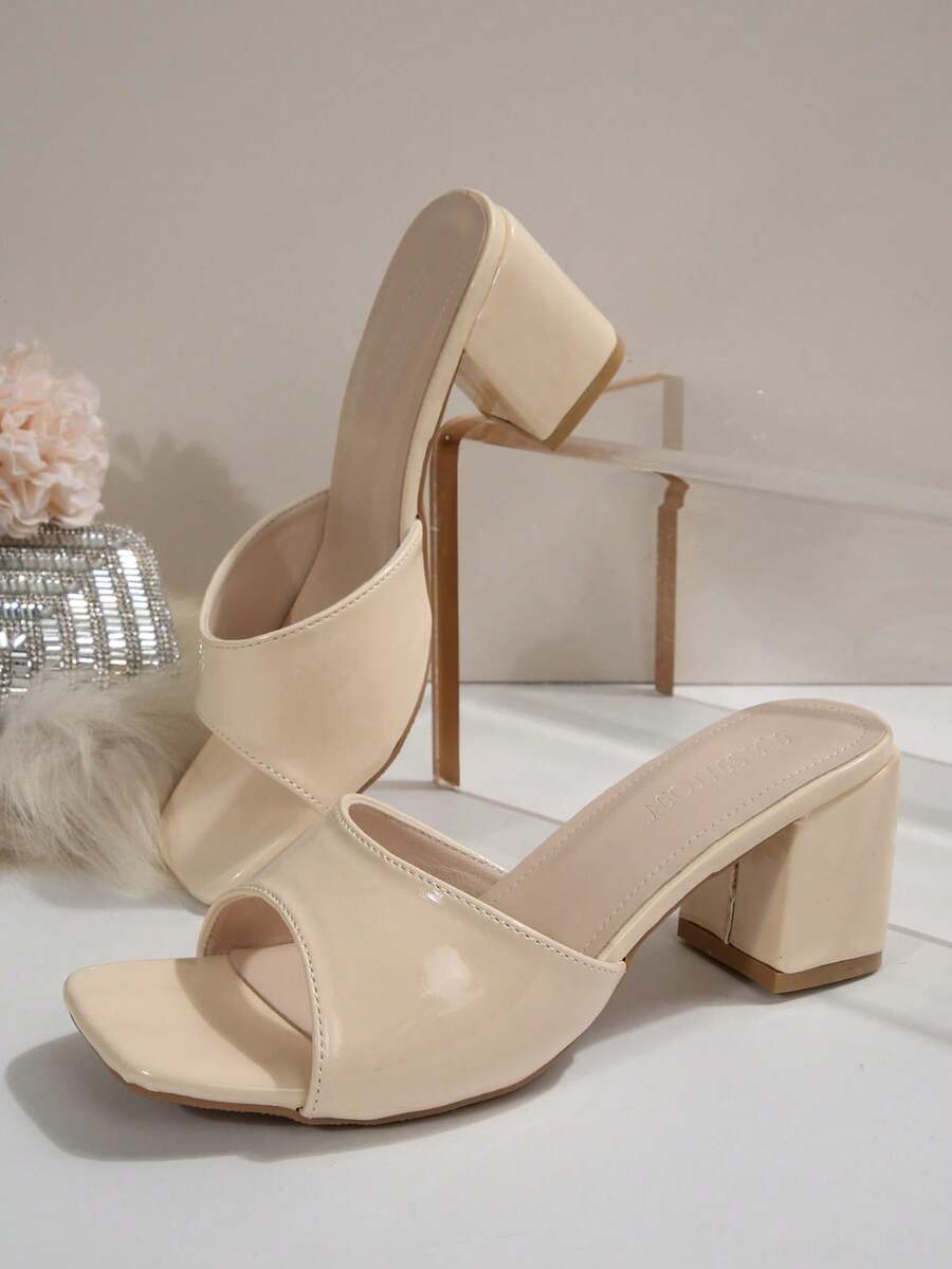 Women's open square toe slip-on high heel sandals with stiletto mid heel