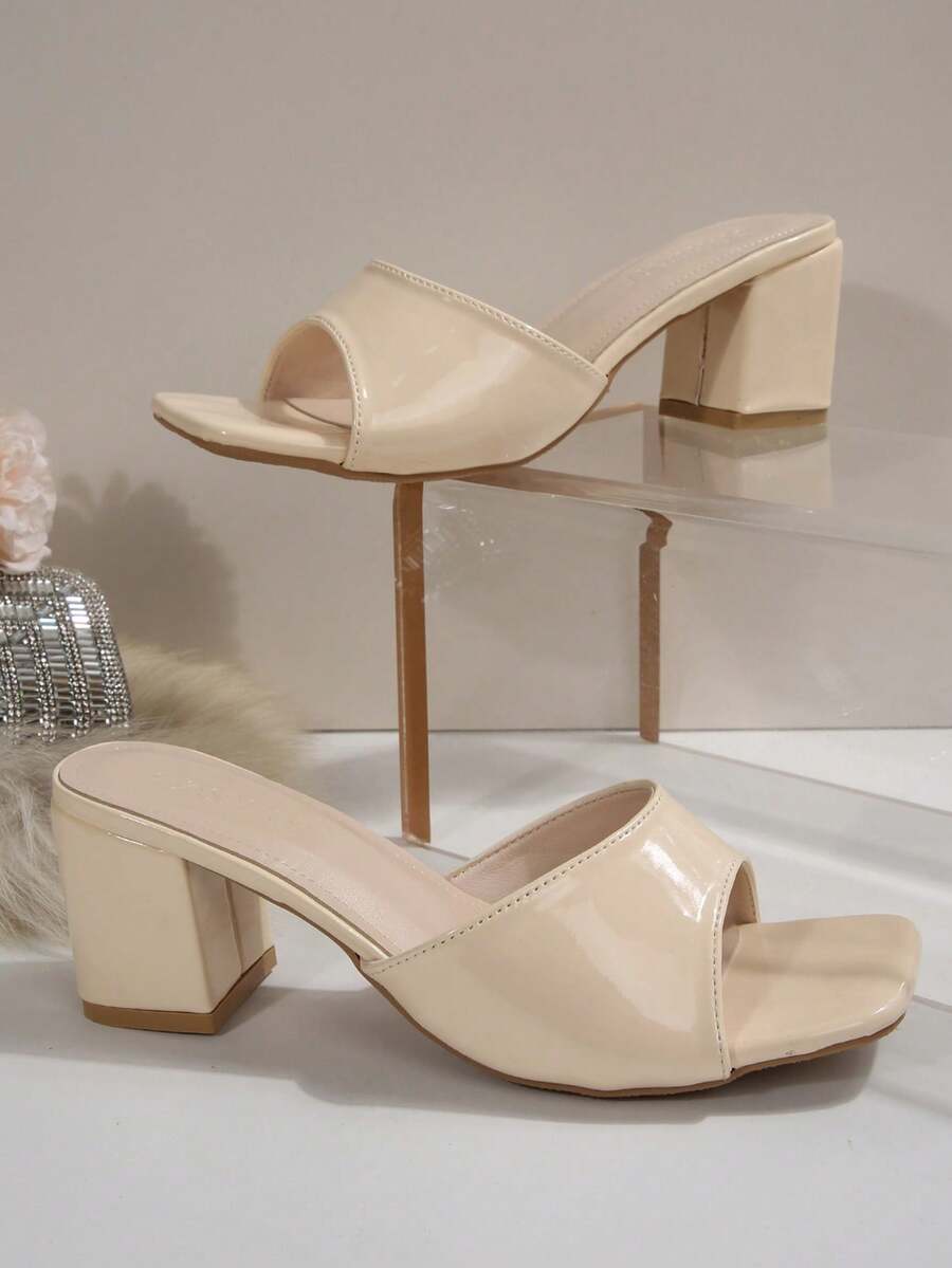 Women's open square toe slip-on high heel sandals with stiletto mid heel