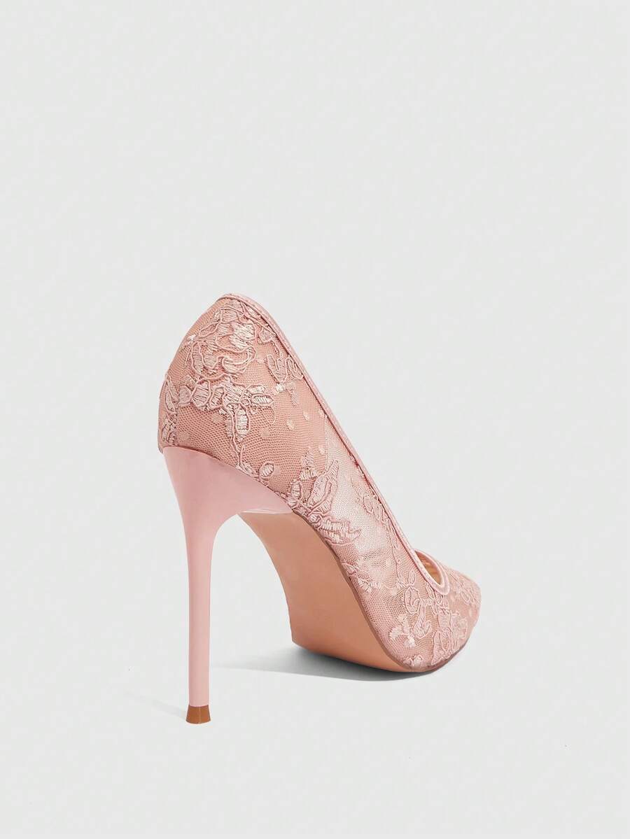 Women's pointed clear lace heels with contrast mesh, floral embroidery, and stiletto high heel with buckle strap.