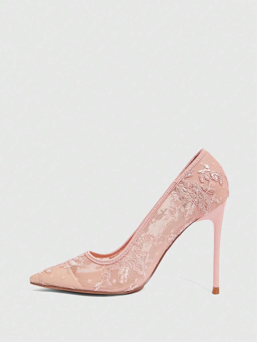 Women's pointed clear lace heels with contrast mesh, floral embroidery, and stiletto high heel with buckle strap.