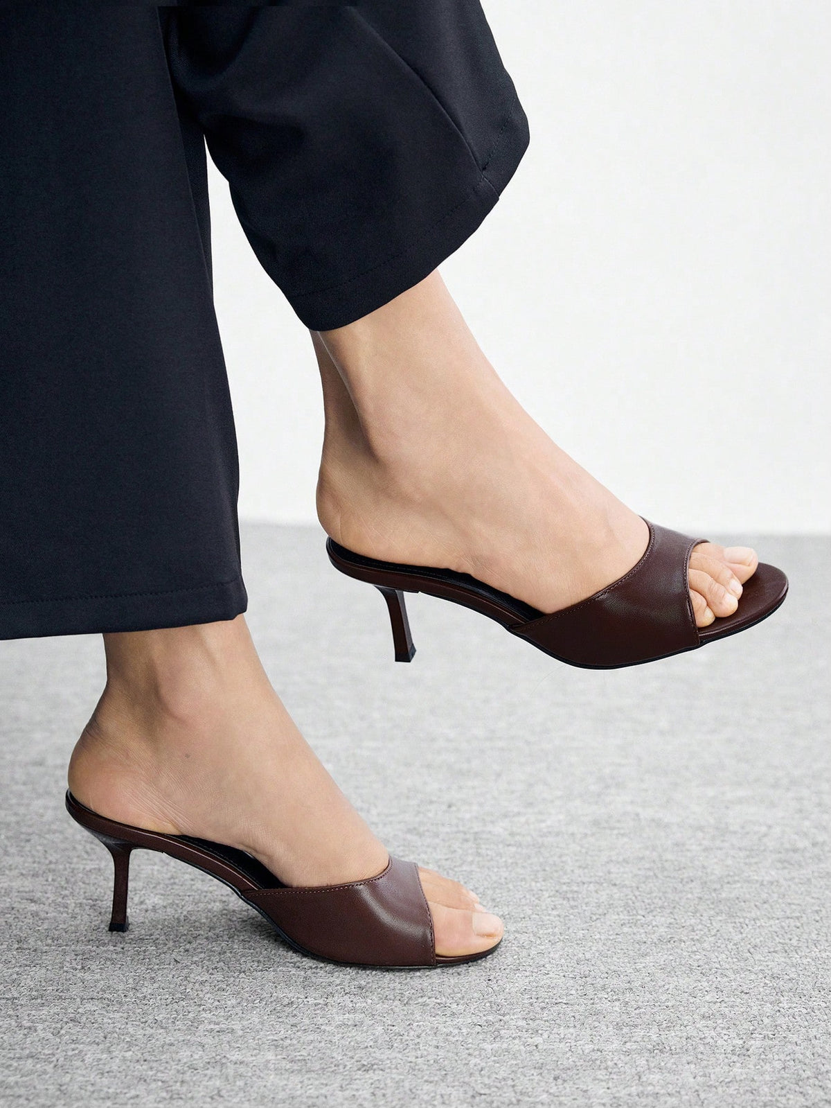 Women's slip on kitten heel mules and open toe heeled sandals in apricot