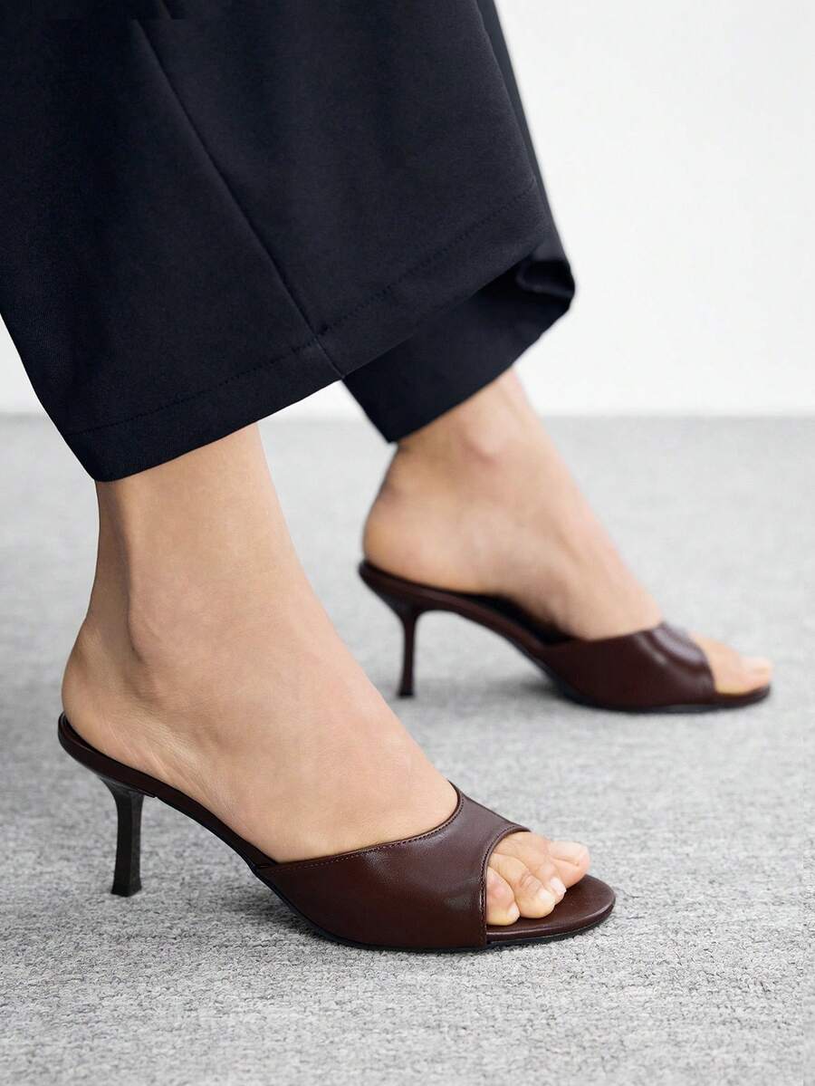 Women's slip on kitten heel mules and open toe heeled sandals in apricot