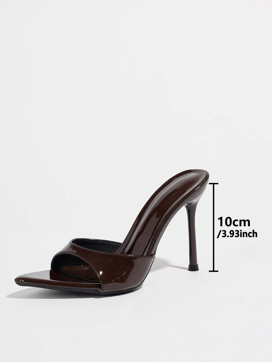 Women's coffee brown high heel mule shoes featuring a glossy mirror finish, open toe design, and sleek stiletto heel.
