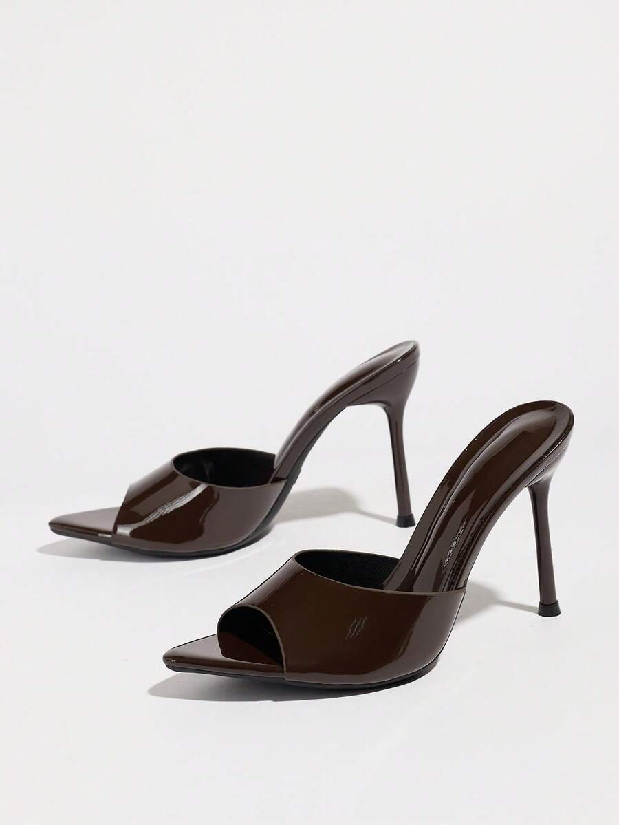 Women's coffee brown high heel mule shoes featuring a glossy mirror finish, open toe design, and sleek stiletto heel.