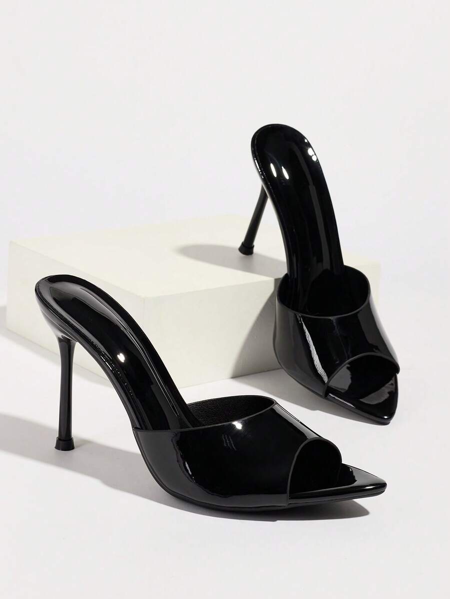 Women's coffee brown high heel mule shoes featuring a glossy mirror finish, open toe design, and sleek stiletto heel.
