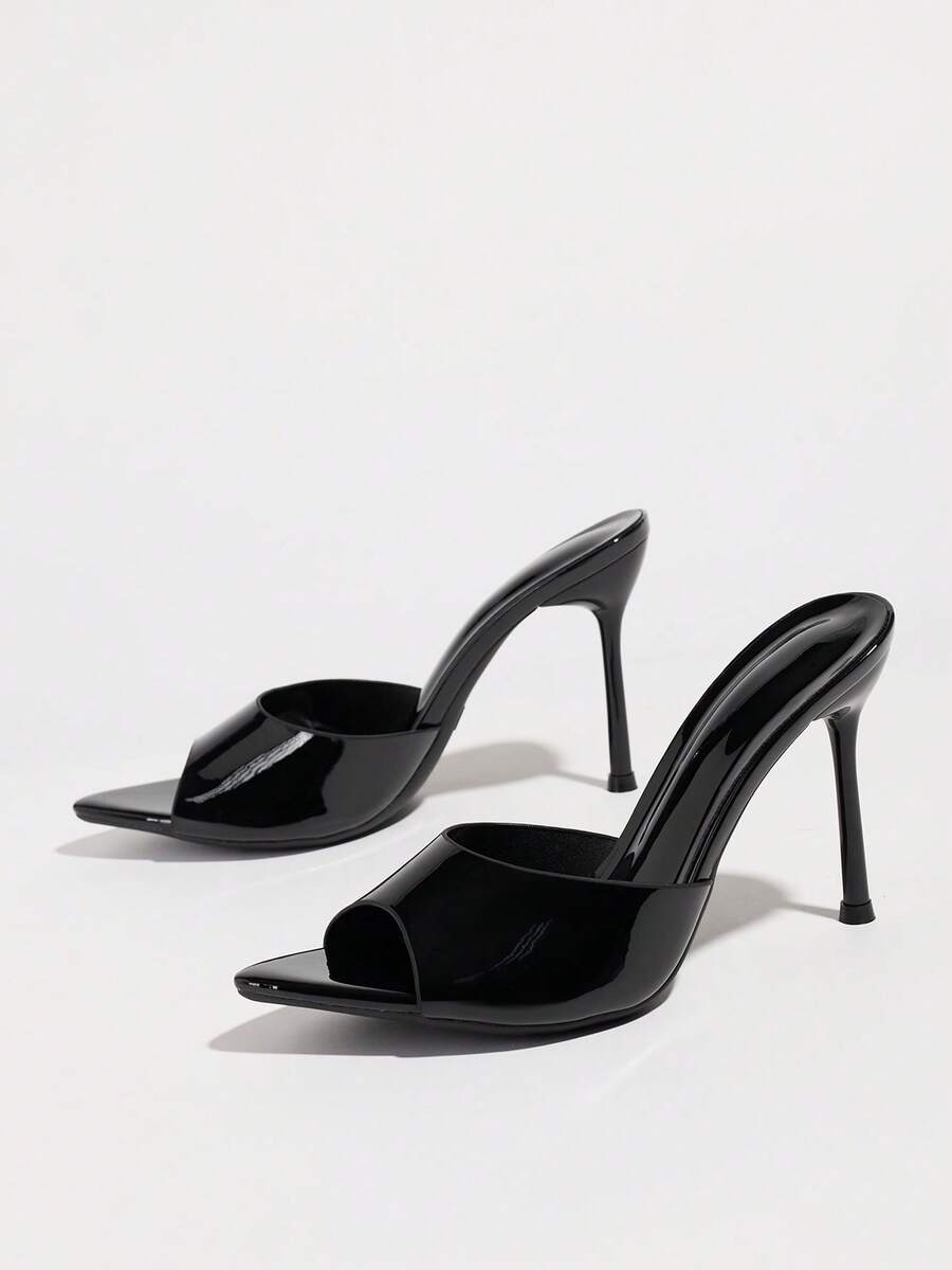 Women's coffee brown high heel mule shoes featuring a glossy mirror finish, open toe design, and sleek stiletto heel.