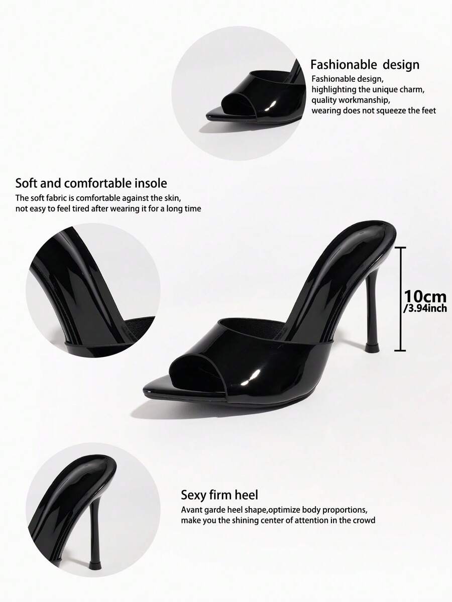 Women's coffee brown high heel mule shoes featuring a glossy mirror finish, open toe design, and sleek stiletto heel.