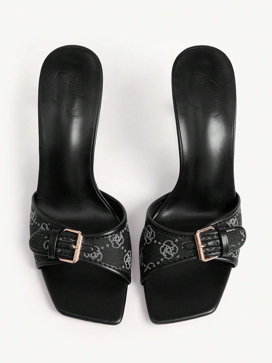 Women's brown open-toe slingback heeled sandals with stiletto heel and buckle strap.