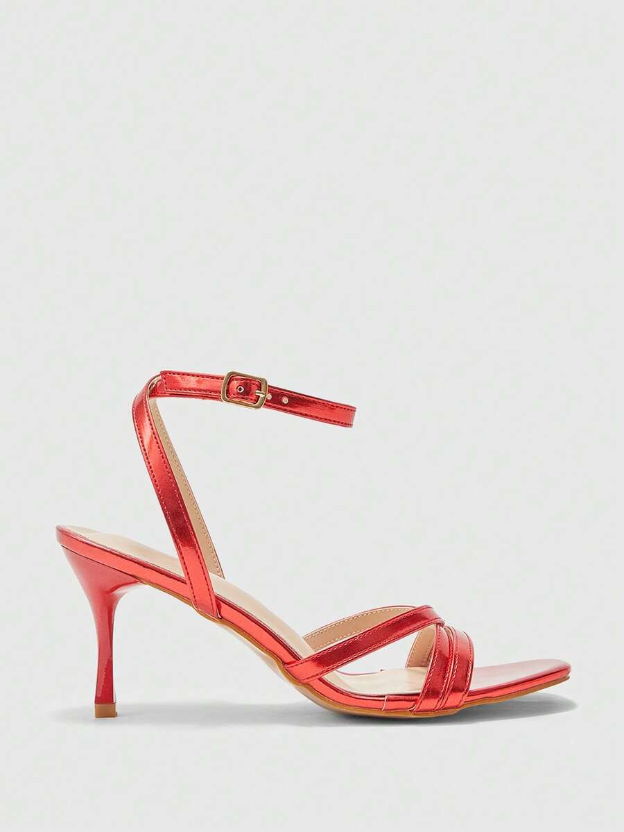Square toe stiletto high heel sandals with crisscross strappy design and adjustable ankle buckle strap in light blue.