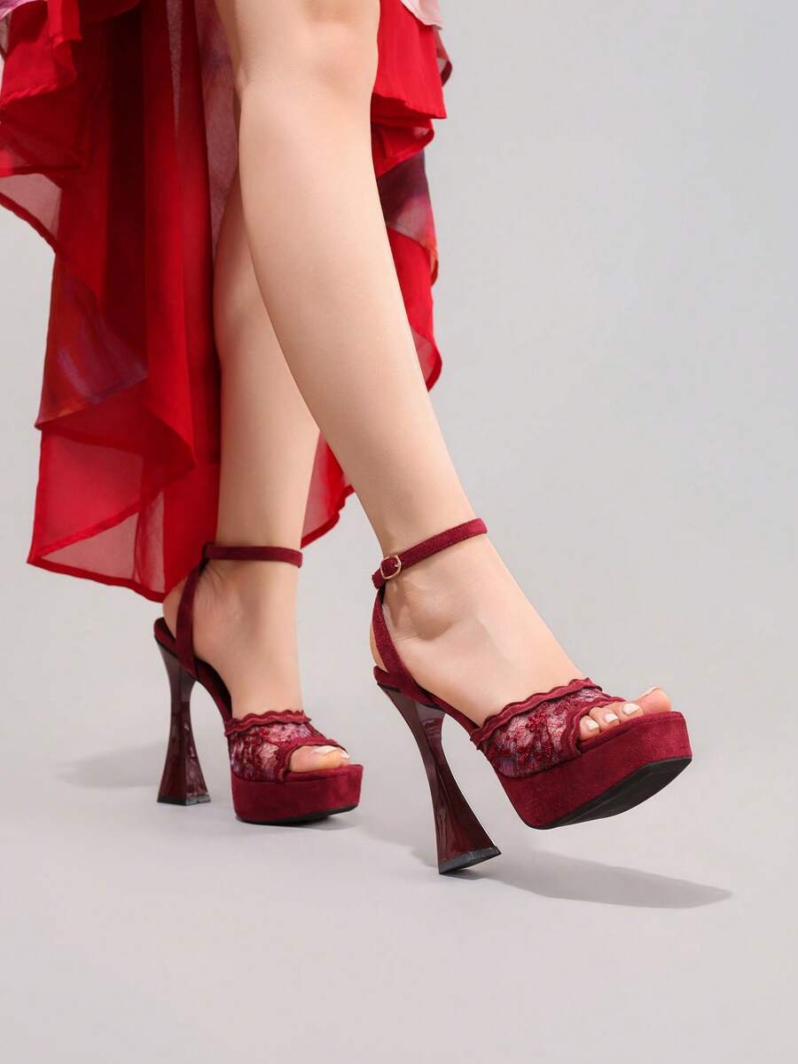 Lace embroidered open toe high heel sandals featuring a chunky square heel, platform wedge, and ankle strap buckle closure.