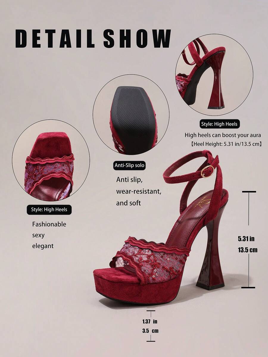 Lace embroidered open toe high heel sandals featuring a chunky square heel, platform wedge, and ankle strap buckle closure.