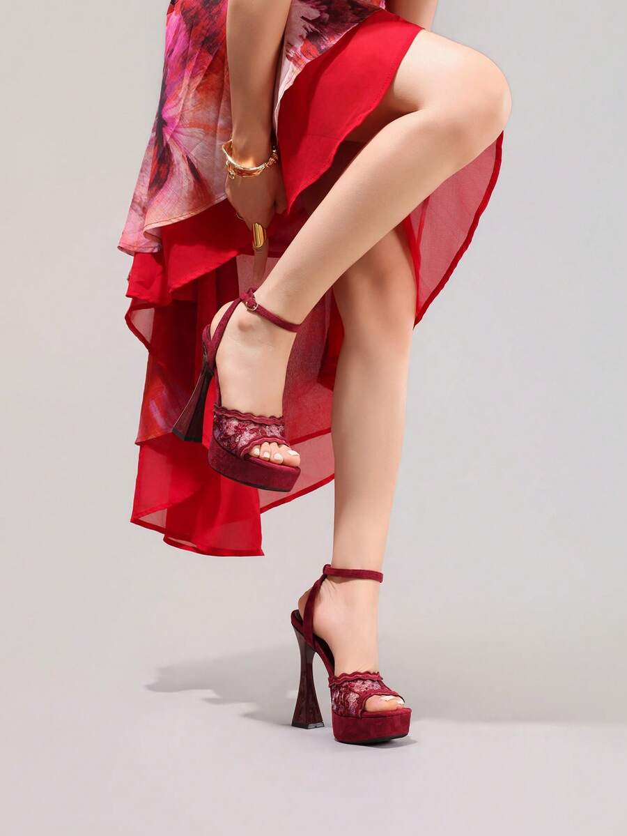 Lace embroidered open toe high heel sandals featuring a chunky square heel, platform wedge, and ankle strap buckle closure.