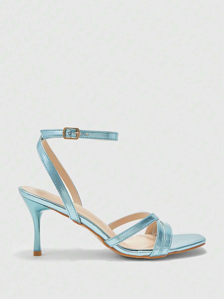 Square toe stiletto high heel sandals with crisscross strappy design and adjustable ankle buckle strap in light blue.