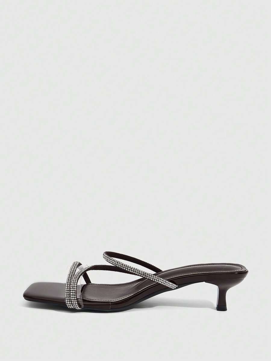 Square toe kitten heel sandals with sparkling rhinestone strap in light gold PU leather