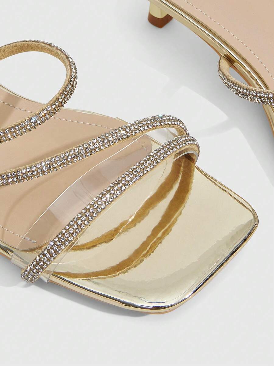 Square toe kitten heel sandals with sparkling rhinestone strap in light gold PU leather