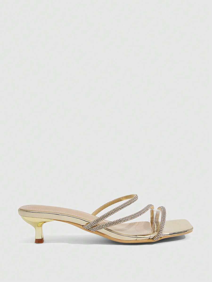 Square toe kitten heel sandals with sparkling rhinestone strap in light gold PU leather