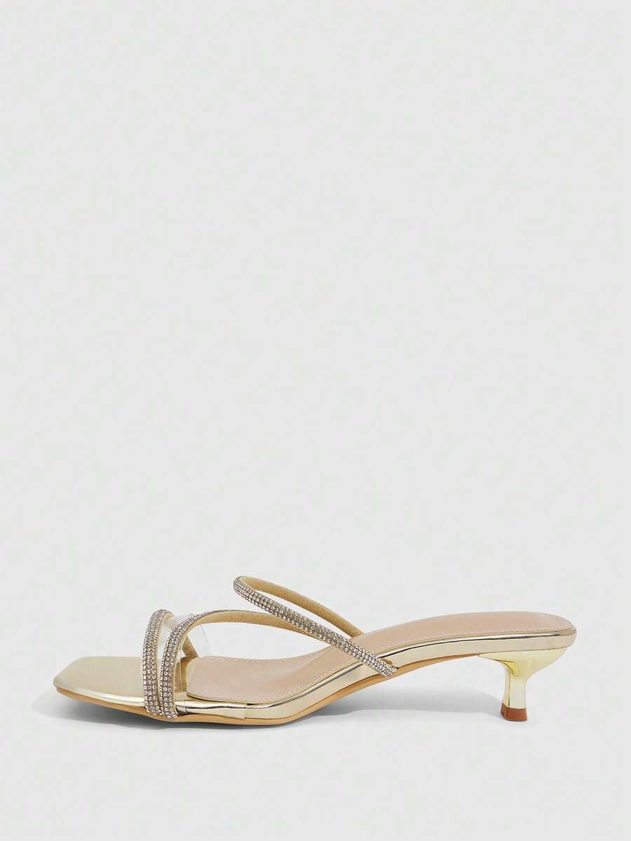 Square toe kitten heel sandals with sparkling rhinestone strap in light gold PU leather