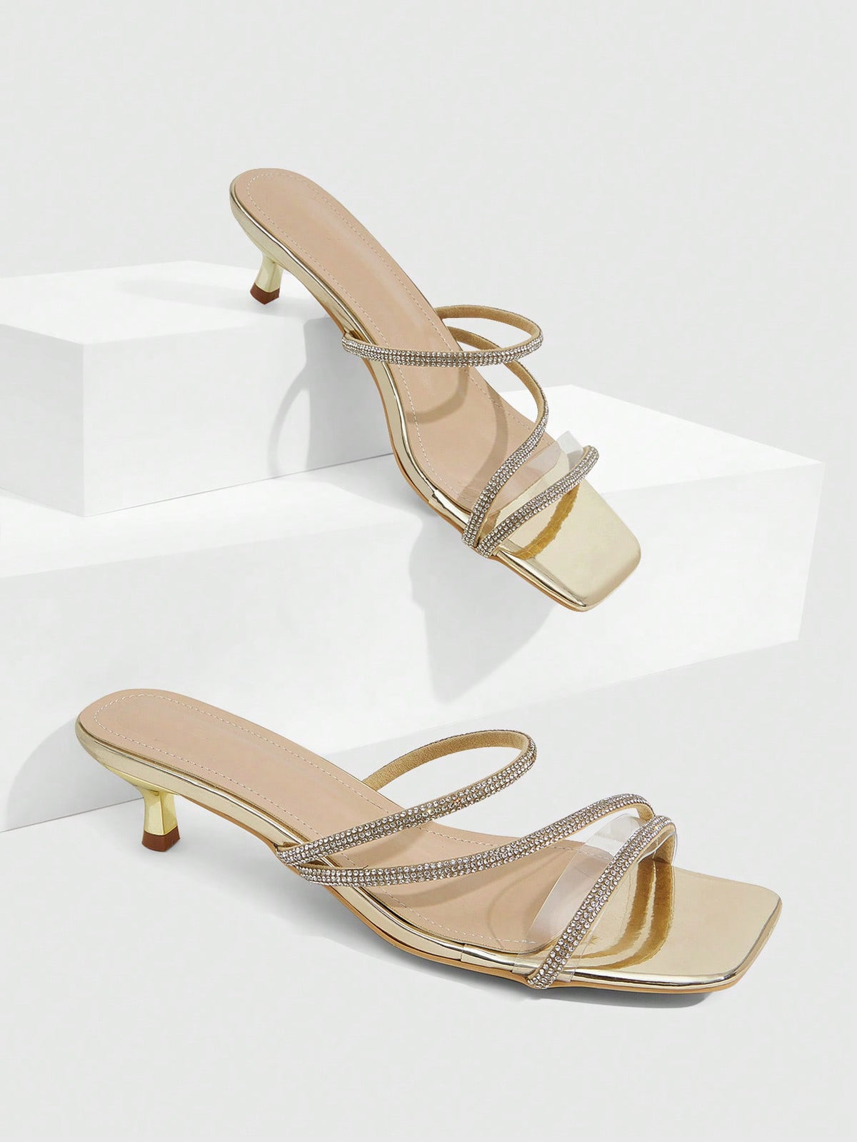 Square toe kitten heel sandals with sparkling rhinestone strap in light gold PU leather