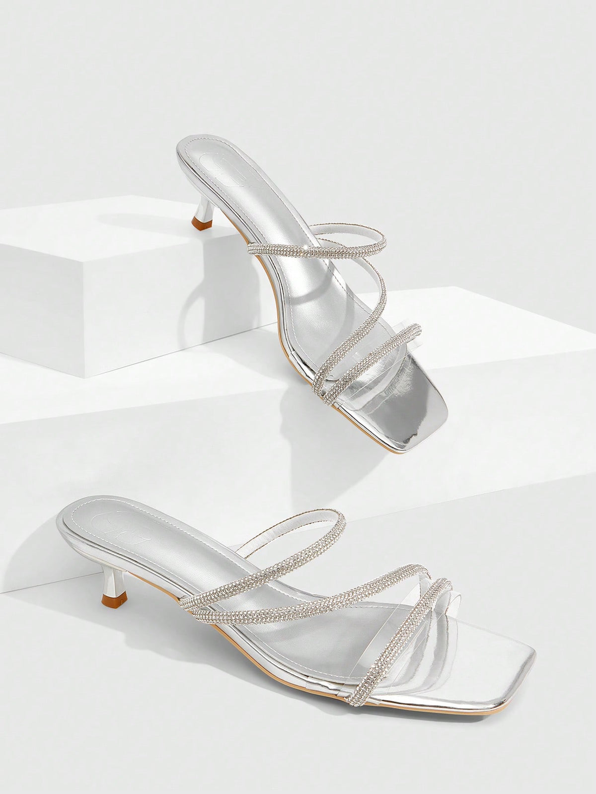 Square toe kitten heel sandals with sparkling rhinestone strap in light gold PU leather