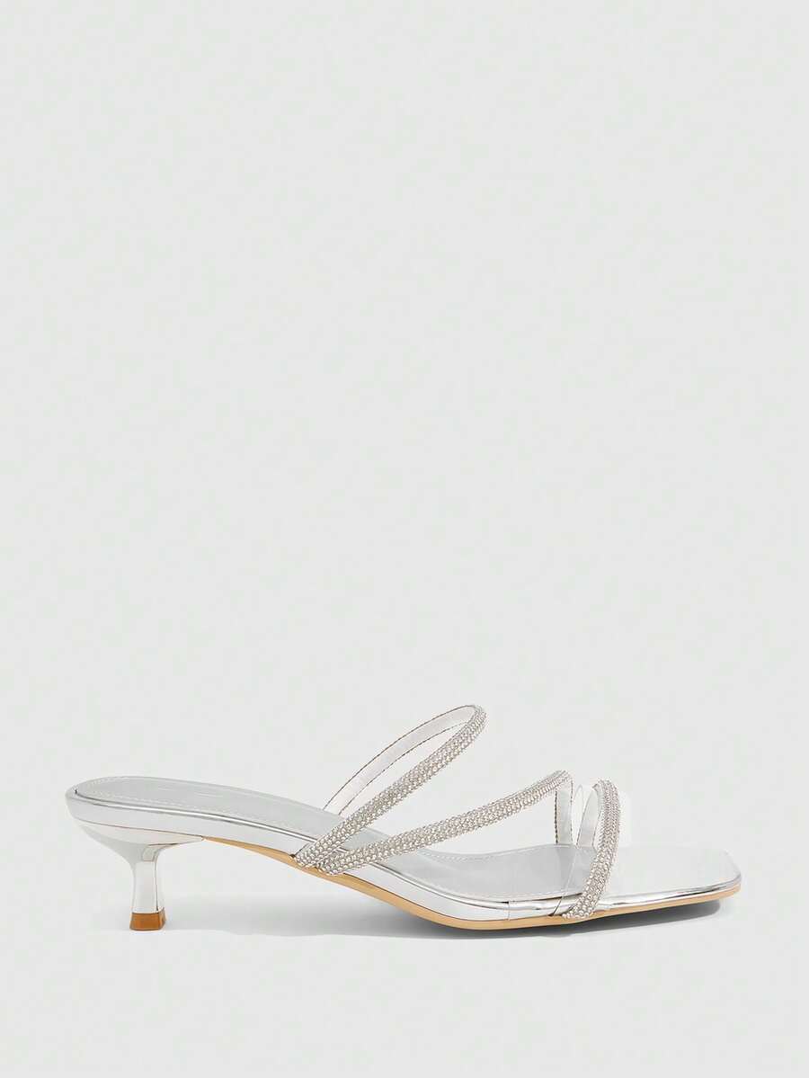 Square toe kitten heel sandals with sparkling rhinestone strap in light gold PU leather