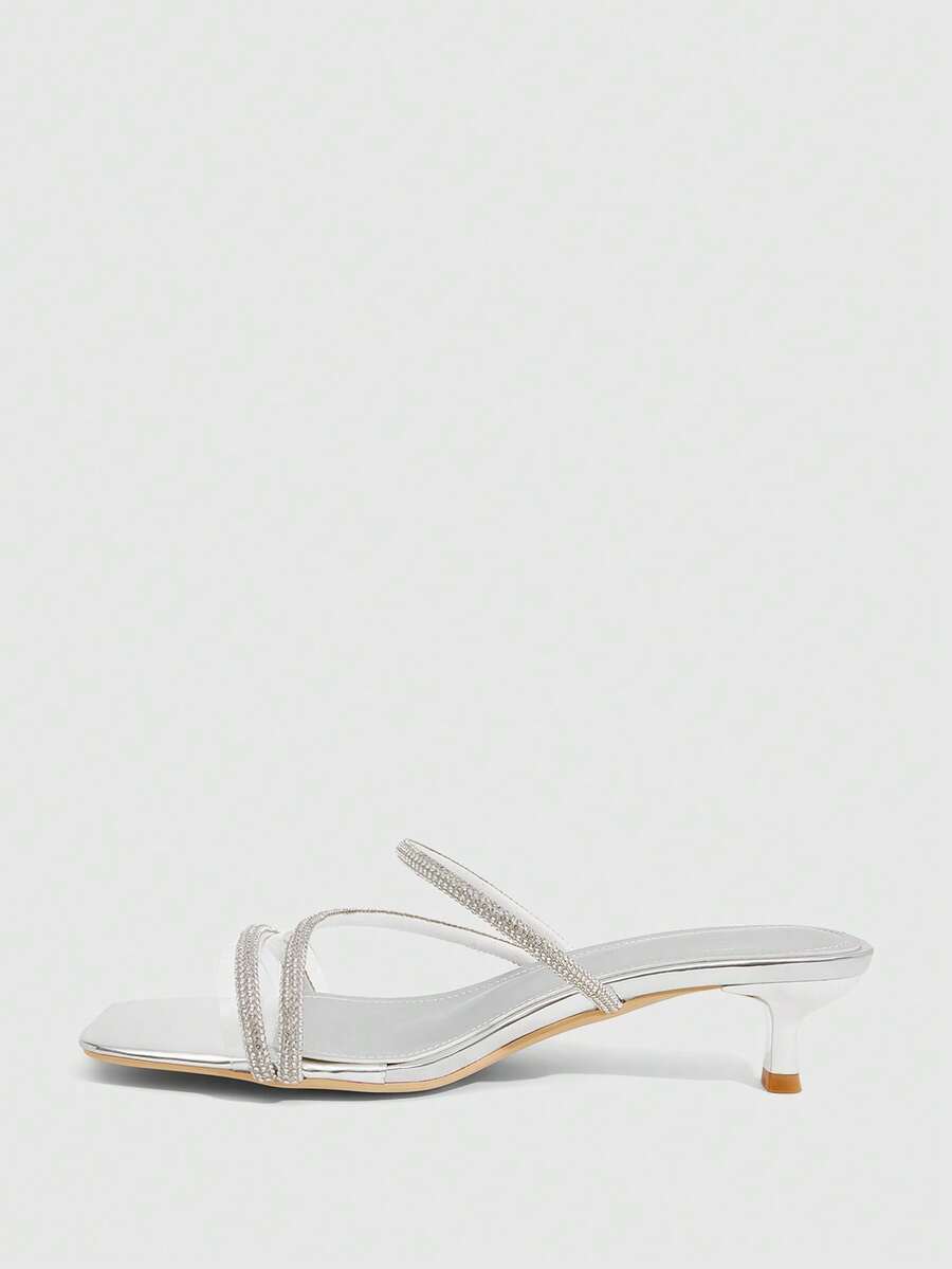 Square toe kitten heel sandals with sparkling rhinestone strap in light gold PU leather