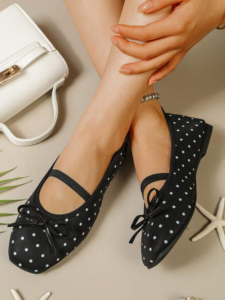 Square toe ballet flat shoes with bow detail and slip-on wide fit design.