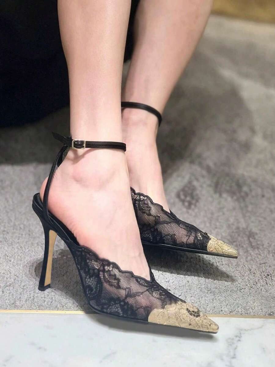 Lace pointed toe stiletto heel sandal pumps featuring mesh detailing, high slender heels, and an adjustable ankle buckle strap.