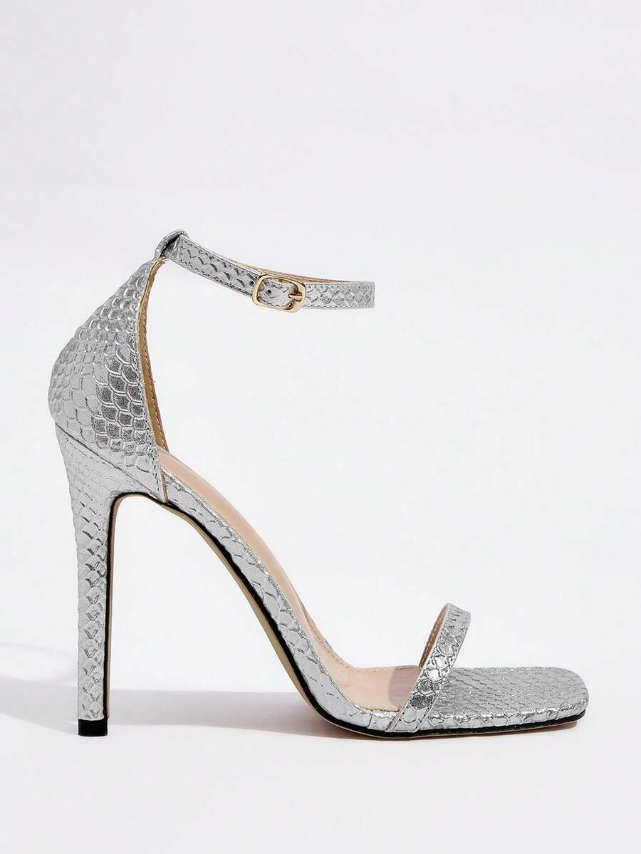 Square toe high-heeled sandals with thin straps, stiletto heel, and buckle ankle strap