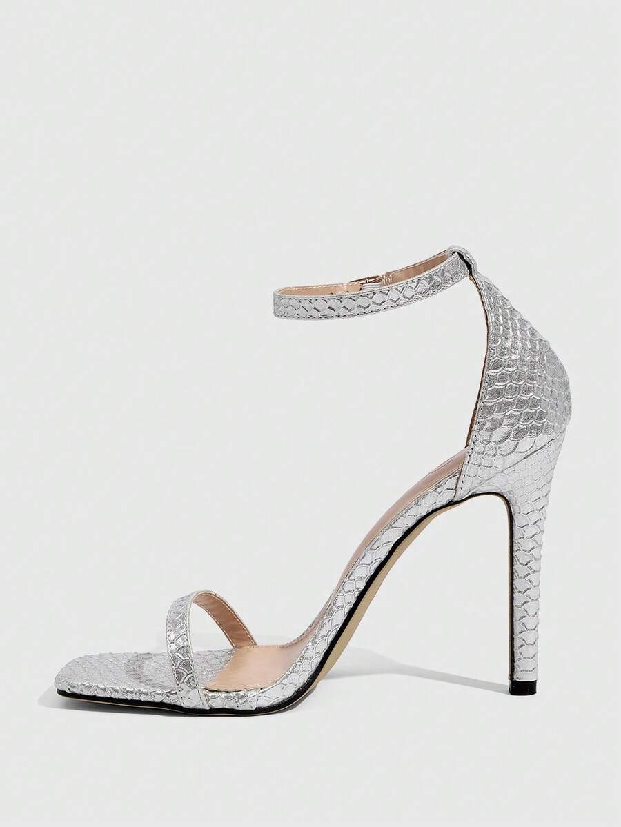 Square toe high-heeled sandals with thin straps, stiletto heel, and buckle ankle strap