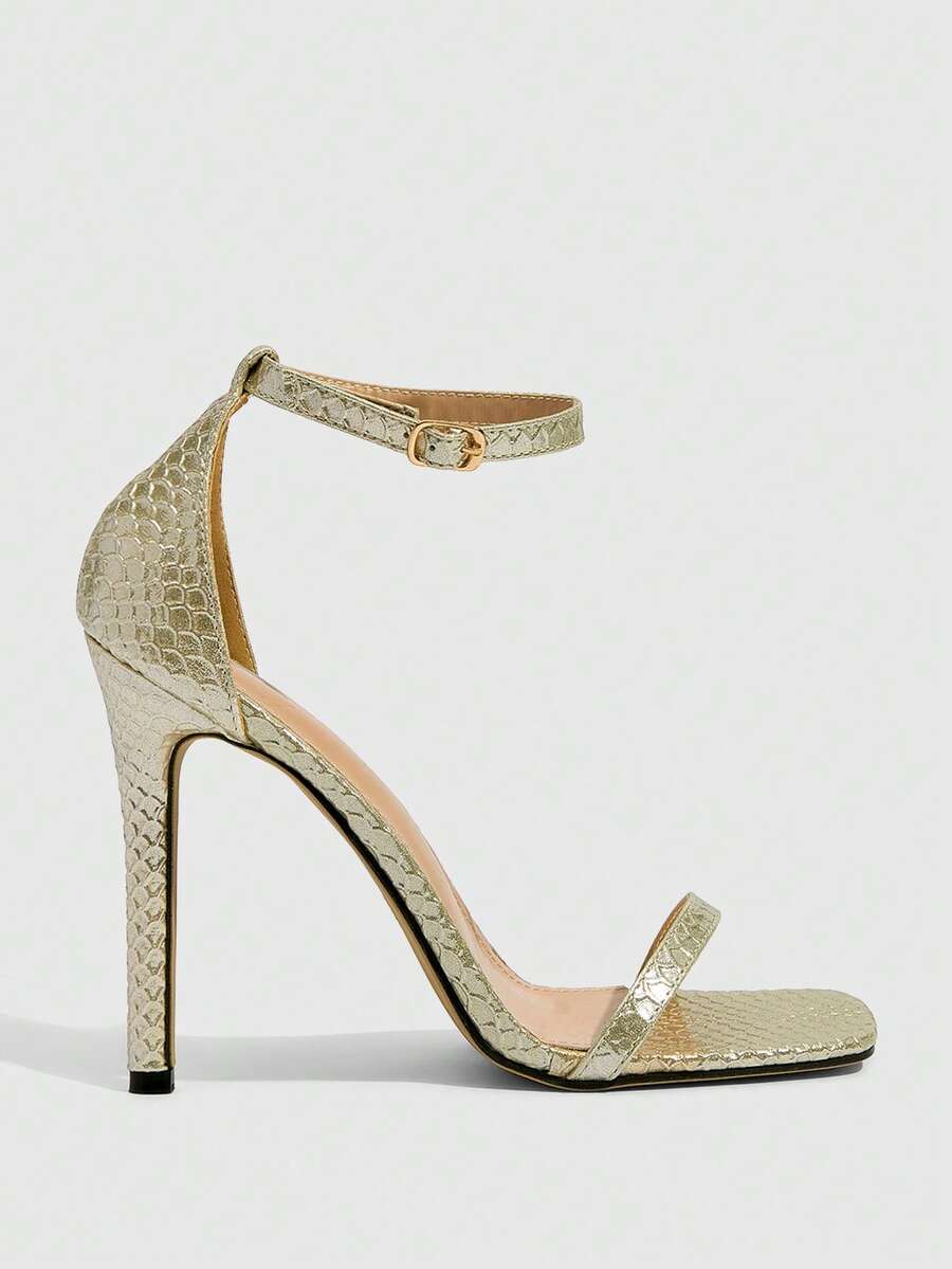 Square toe high-heeled sandals with thin straps, stiletto heel, and buckle ankle strap