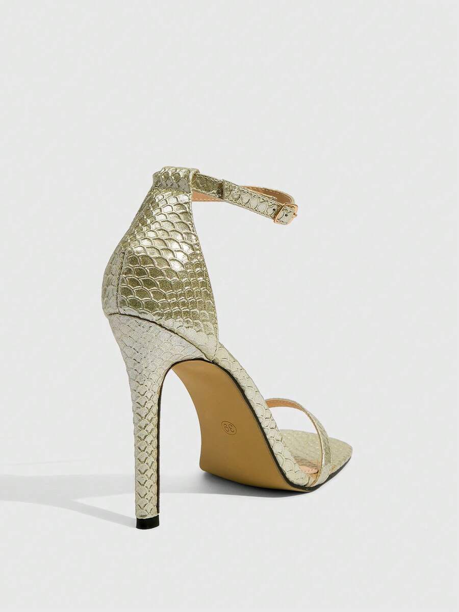 Square toe high-heeled sandals with thin straps, stiletto heel, and buckle ankle strap