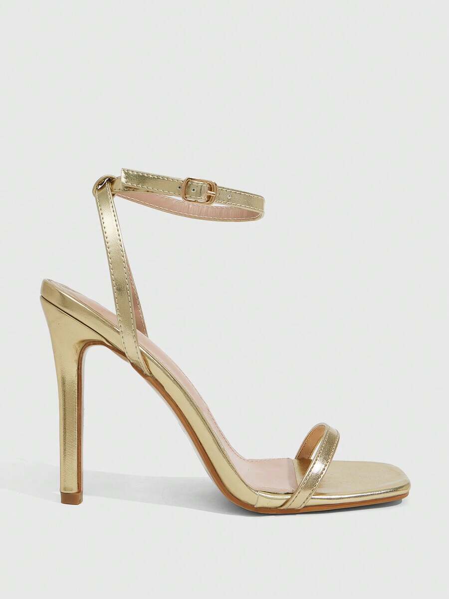 Square toe high-heeled sandals with thin straps, stiletto heel, and buckle ankle strap