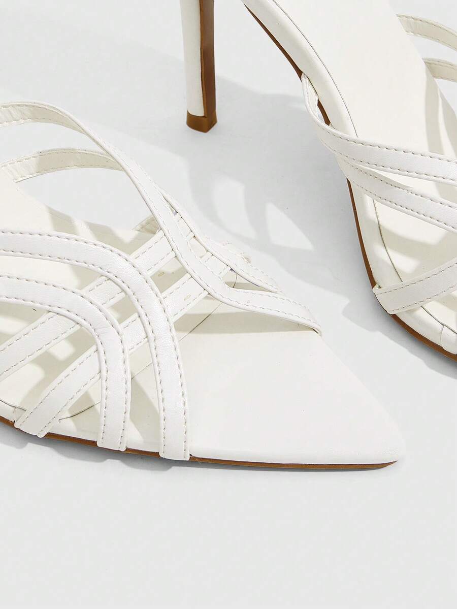 Women's brown flannel pointed open-toe heeled sandals featuring a slip-on mule design with high stiletto heels.