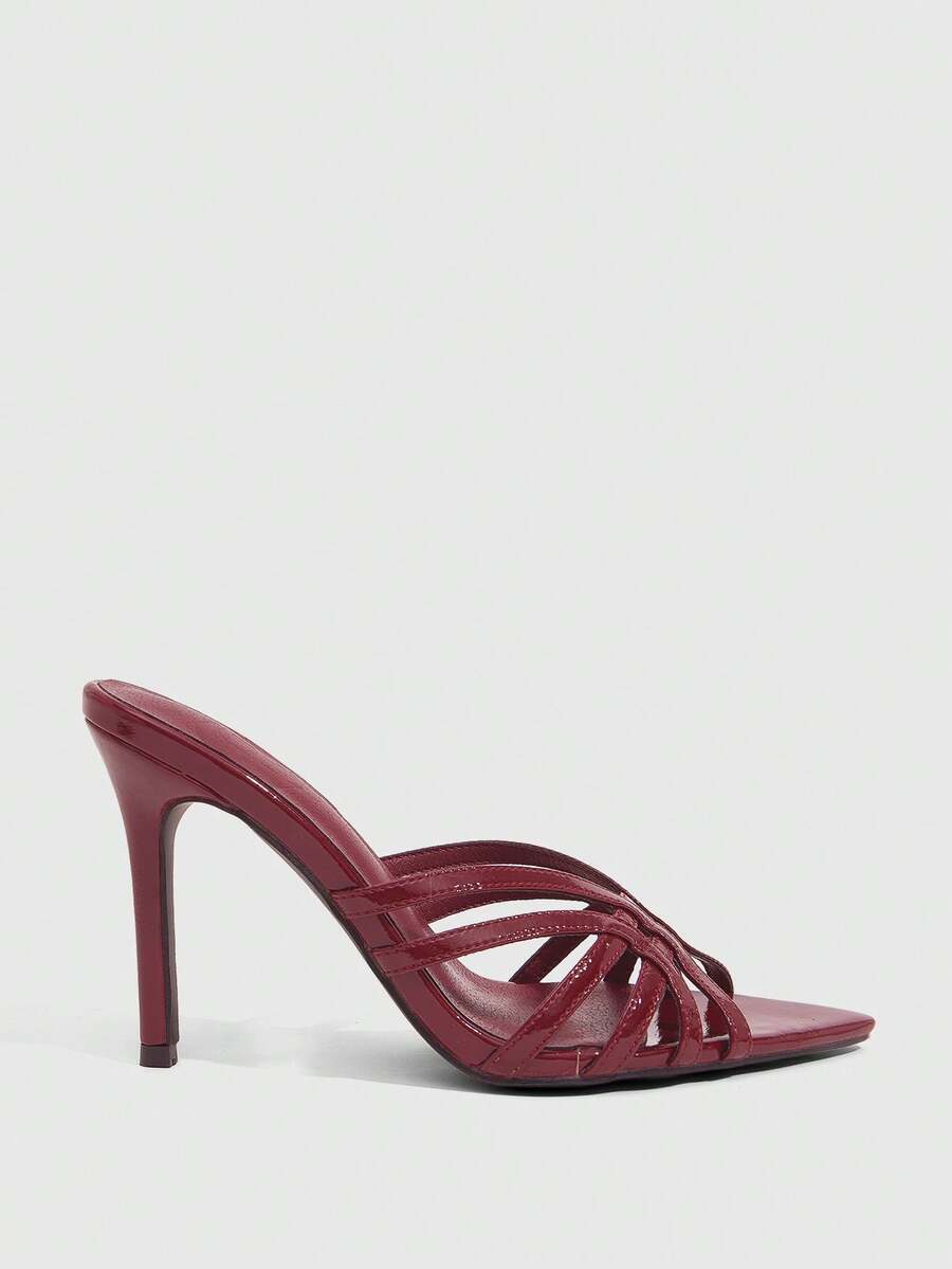 Women's brown flannel pointed open-toe heeled sandals featuring a slip-on mule design with high stiletto heels.