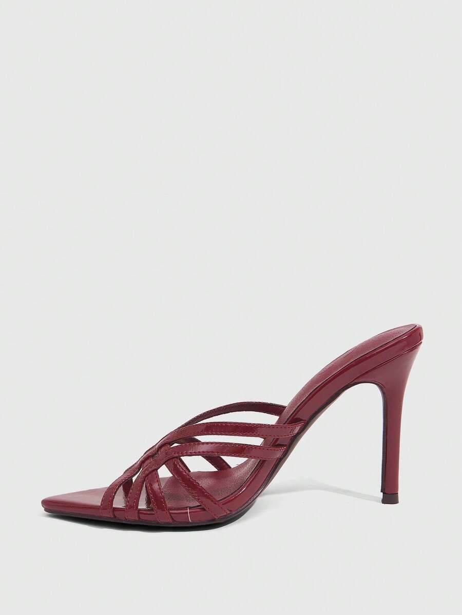 Women's brown flannel pointed open-toe heeled sandals featuring a slip-on mule design with high stiletto heels.