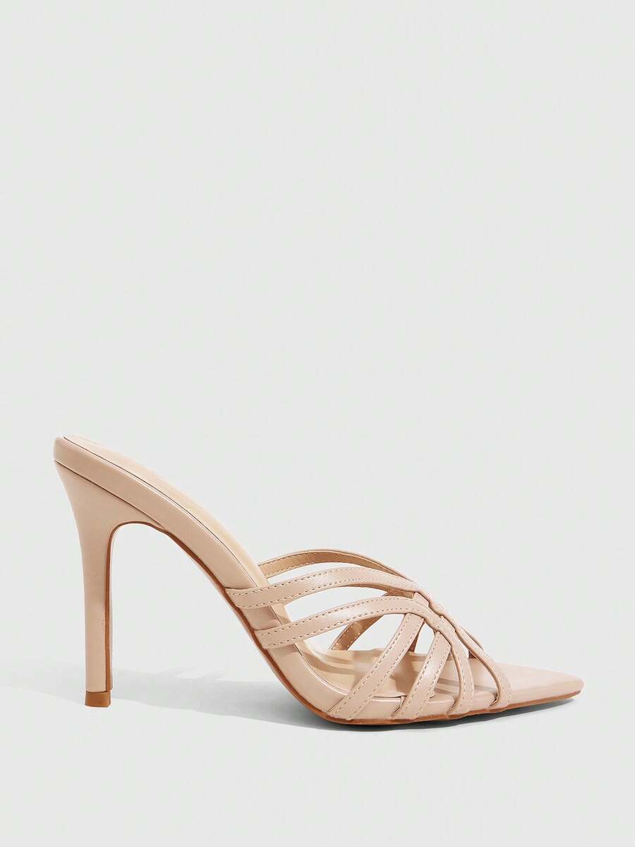 Women's brown flannel pointed open-toe heeled sandals featuring a slip-on mule design with high stiletto heels.