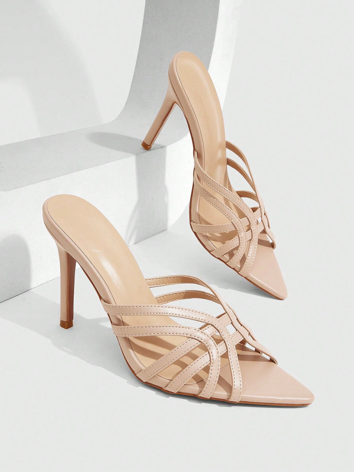 Women's brown flannel pointed open-toe heeled sandals featuring a slip-on mule design with high stiletto heels.