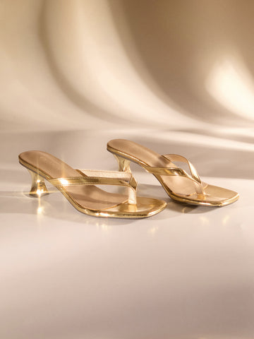 Gold metallic square toe high heel thong sandals for women with mid kitten heel and slip-on design