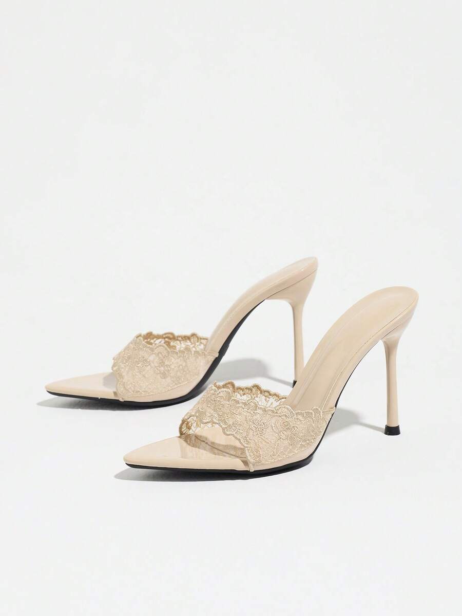 Women's open toe stiletto high heel mule shoes in smooth PU leather with slip-on strap design.