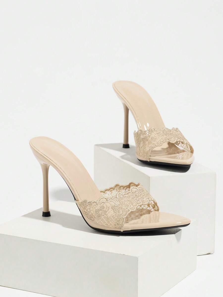 Women's open toe stiletto high heel mule shoes in smooth PU leather with slip-on strap design.